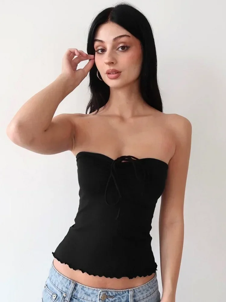 

One-Piece Casual Short Rolled Hem Tops For Women Summer Fashion Solid Colour Bandeau Top Sexy Lace Up Neck Sleeveless Bra Top