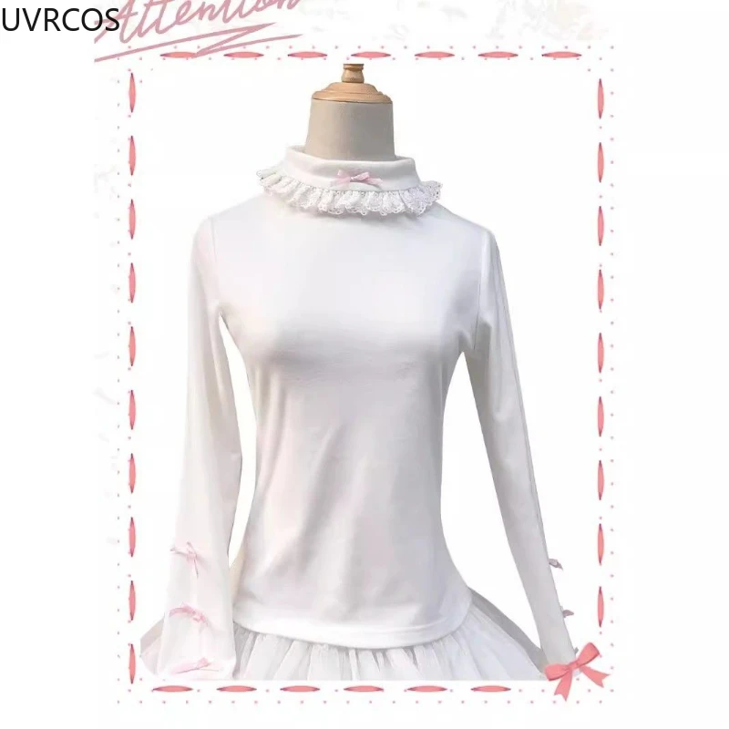 Dolce stile Lolita Mezza collo alto Top Donna Grunge Slim Fit T-shirt con fiocco in pizzo Inverno Y2k Estetica Patchwork di pelliccia Kawaii Tees