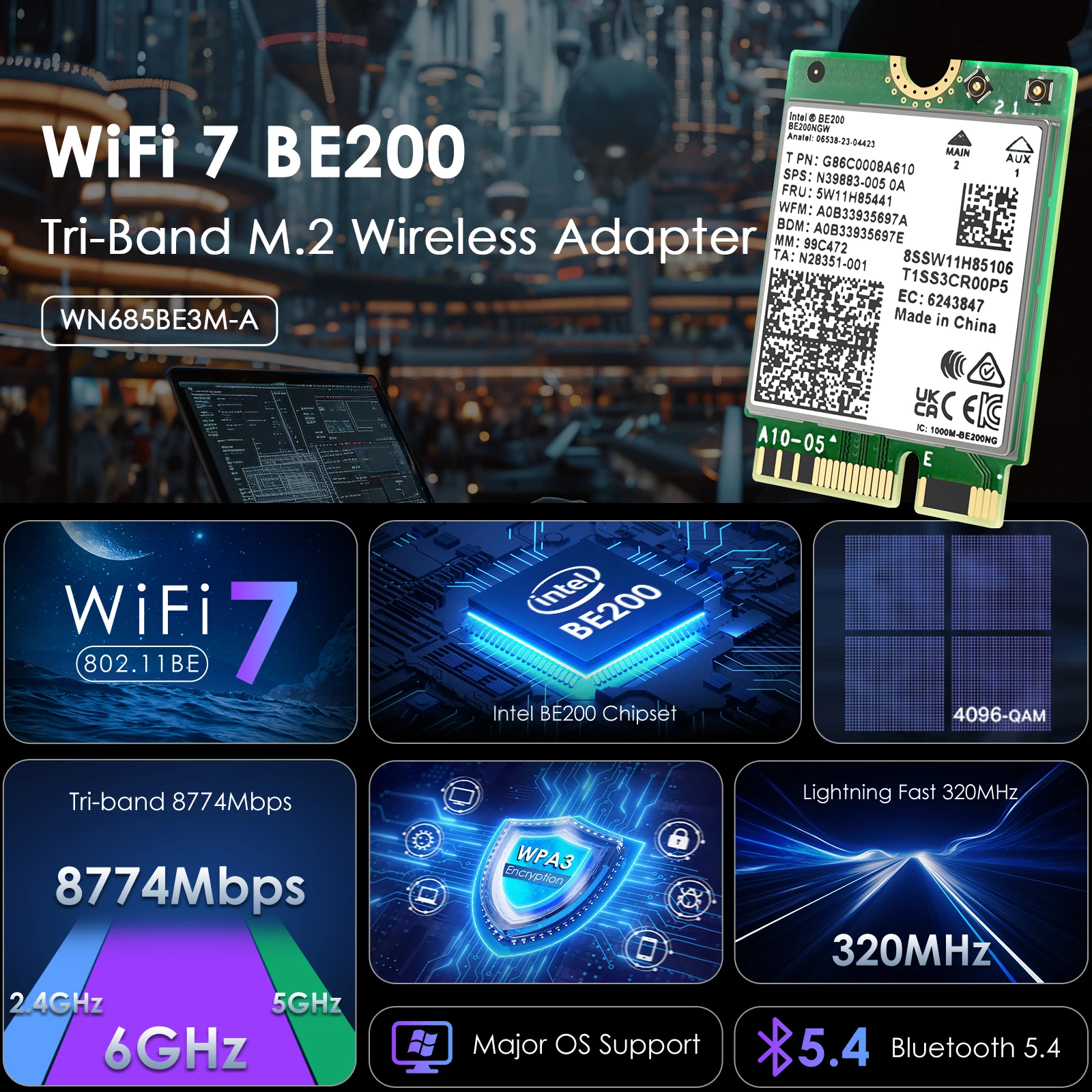 WAVLINK WiFi 6/7 Wireless Card 5400/8774Mbps Tri-Band BE200 M.2 NGFF Network Module with Bluetooth 5.4 Support Windows 10/11