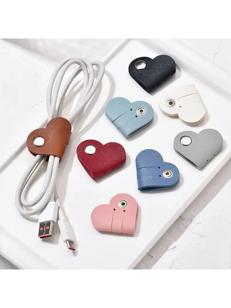 Mini organisateur de câbles en forme de cœur, 1 pièce, Vintage, fil d'écouteurs, Clips de ligne de données, enrouleur de câble, cravate, organisateur de fils en cuir PU