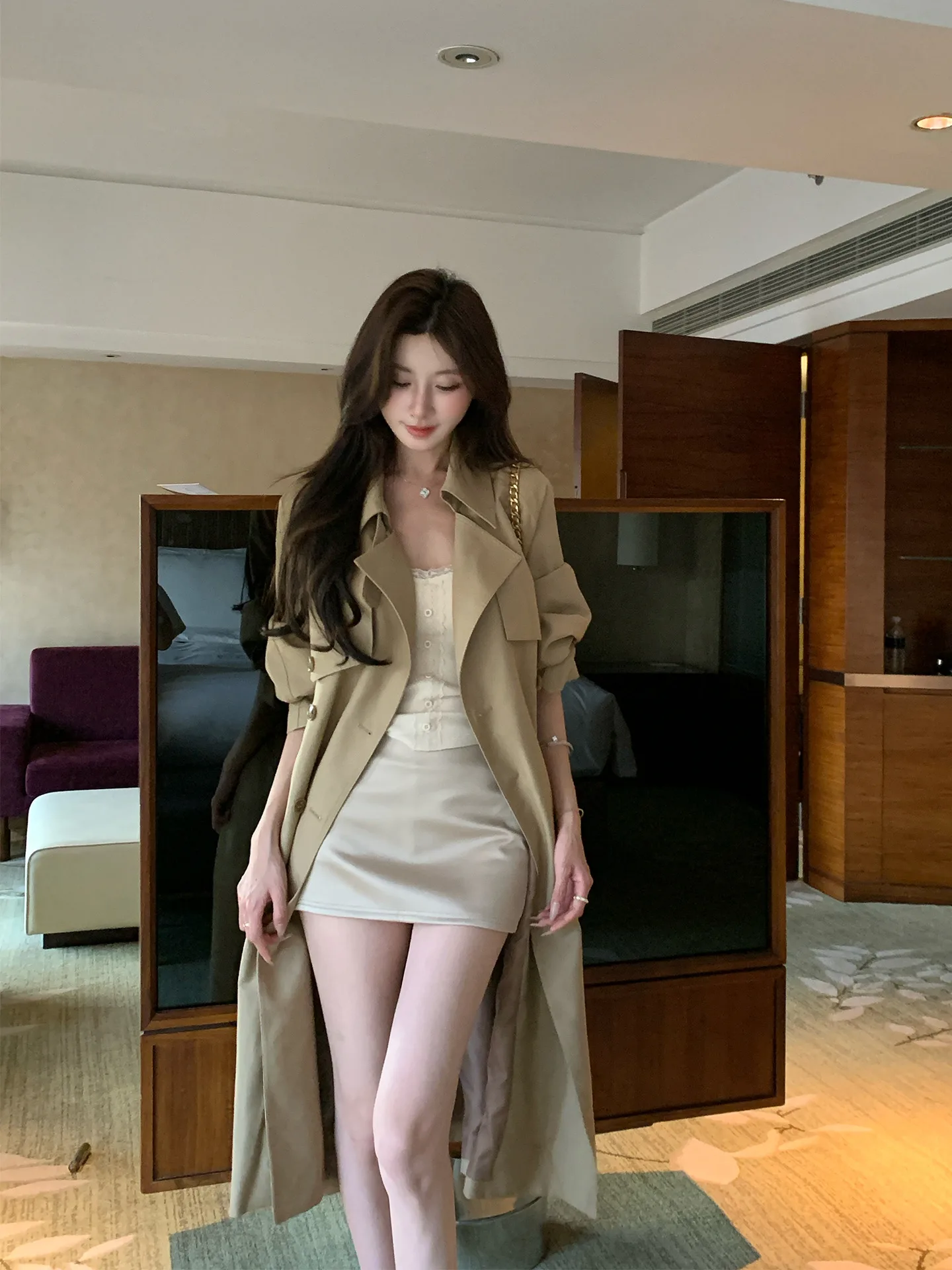 

i Color Women's Long Coat Casual Briti Sle Windbreaker Outerwear Mid-Length Single-Breasted Button Pure Color Commute