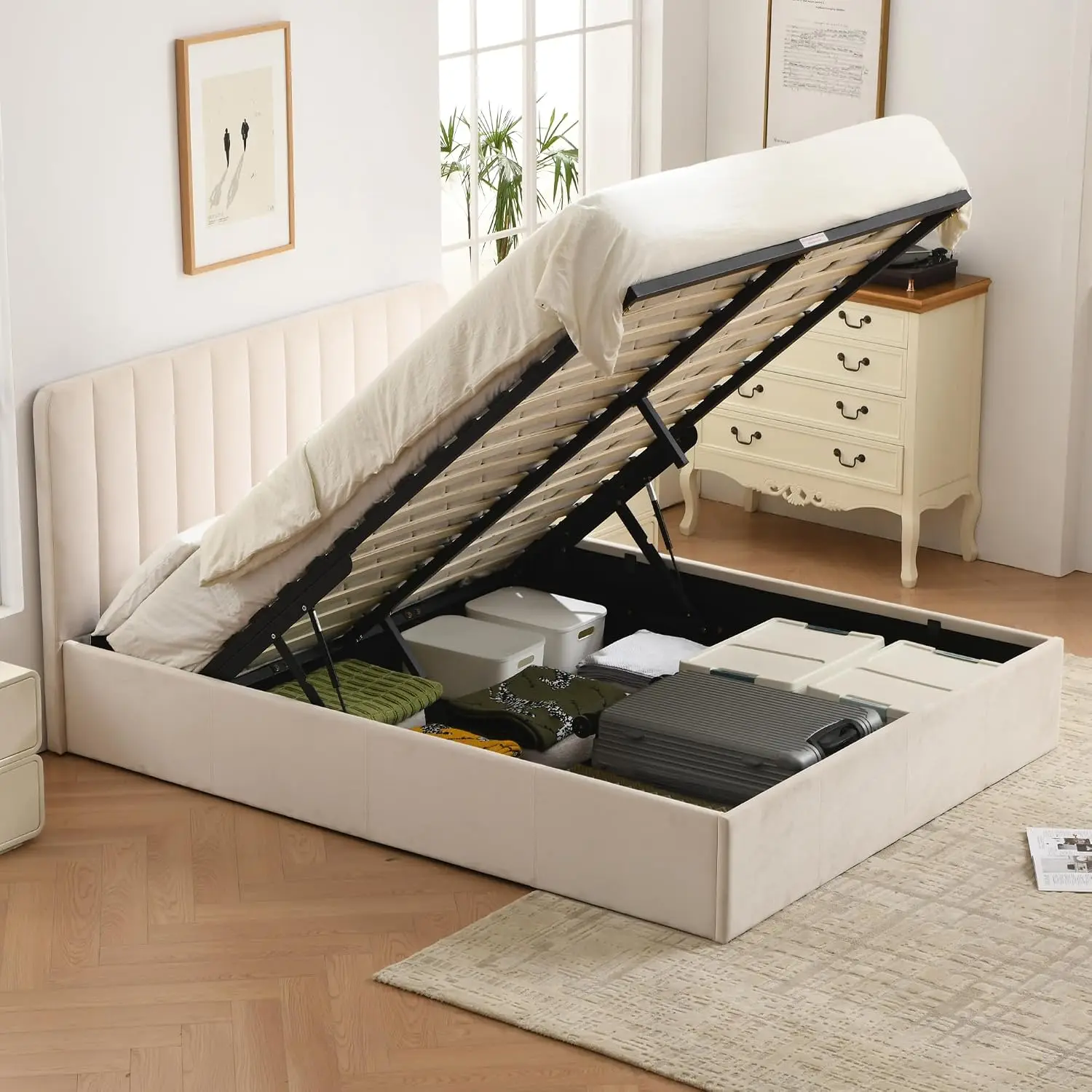Full Size Upholstered Storage Bed Hydraulic Lift Vertical Line Wooden Slat Support No Box Spring, Customized