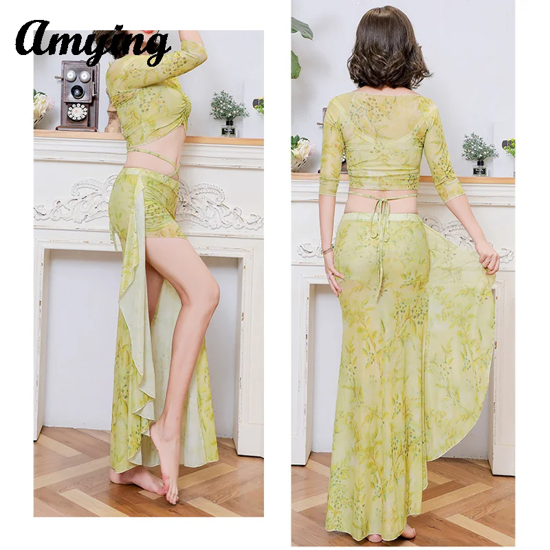 Sexy Buikdans Mesh Top + Split Rok Outfit Oosterse Indiase Dans Godin Split Rok Vrouwen Training Training Set