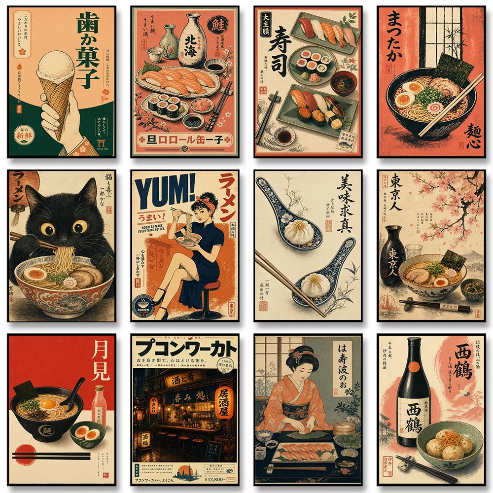 Japanese Ukiyo-e Retro Kitchen Restaurant Cat Ramen Sushi Canvas Painting Wall Art Poster Picture Home Decor Mural Cuadros