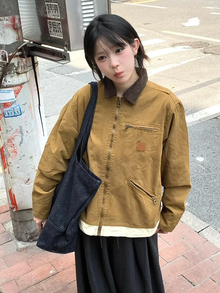 Retro Hong Kong Style Workwear Jacket Women's Spring Autumn Fashion Brand Super Beautiful Mural Jacket Top Zipper Decoration