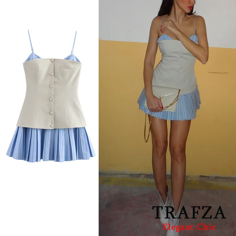 

TRAFZA Women Sexy Blue White Mini Dress Stripe Button Cami Dress New 2025 Spring Summer Romantic Beach Vacation Short Dress