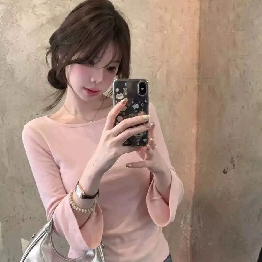 Soft Modal Women's T-shirt Boat Neck Half Sleeve Creamy Pink Light Purple Autumn Fashionable Beautiful Top Korean Style Commute