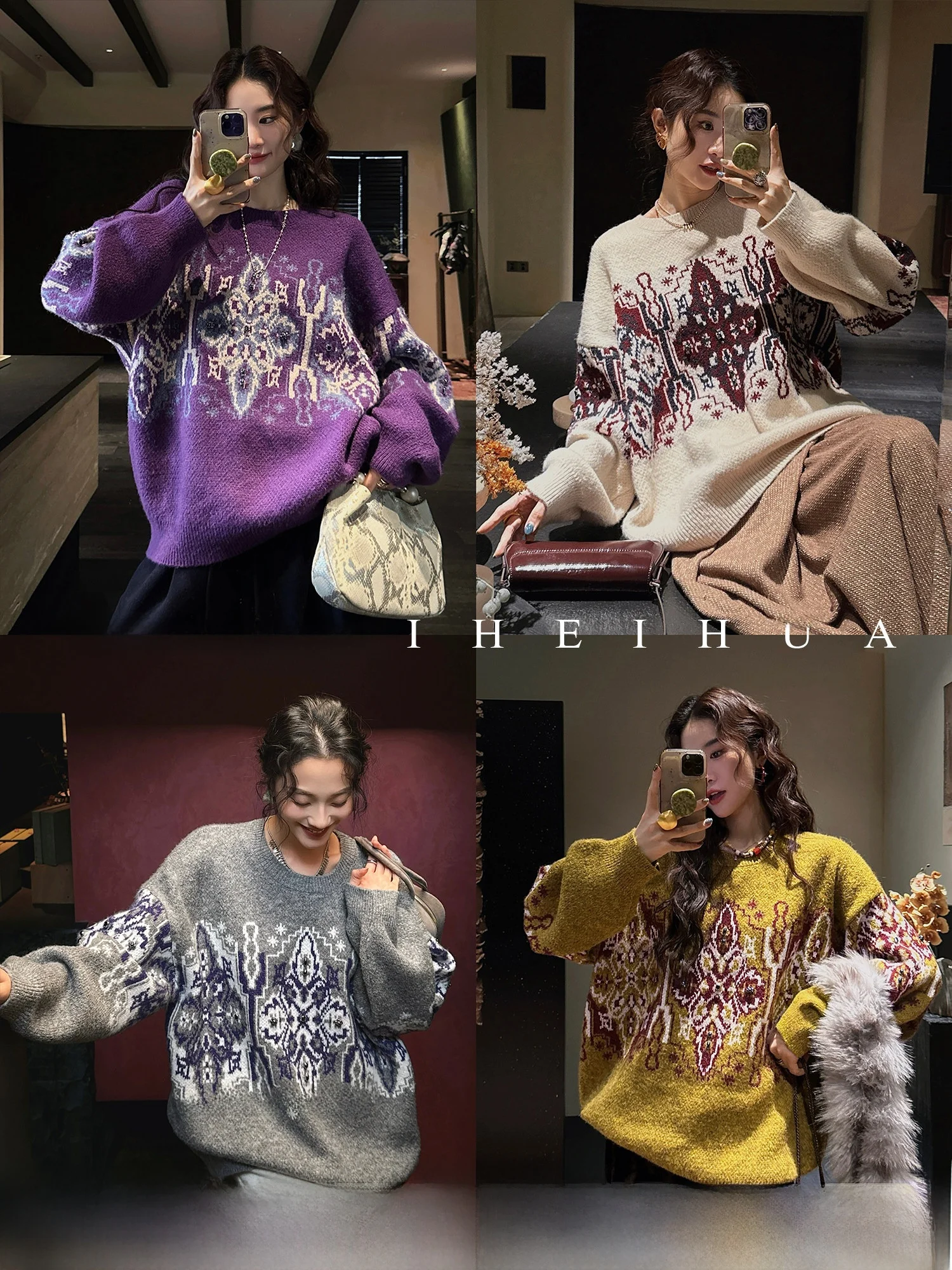 

Sanji Bla Flower Alta Winter Women's Knitted Sweater round Ne Beaded Loose Fit Long Sve Warm Thermal Outerwear Innerwear