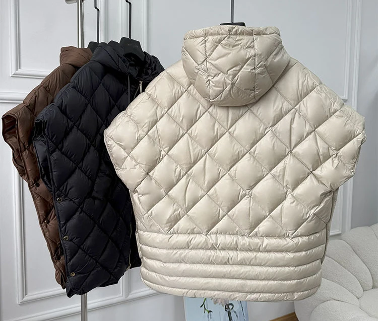 Schinteon Women 90% White Duck Down Irregular Vest with Hood Loose Sleeveless Jacket Solid Fashionable Autumn Winter Top 2026