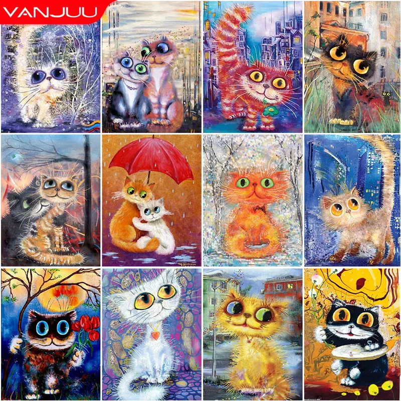 5D DIY Diamond Painting Cute Cat Full Round Diamond Mosaic Abstract Animal Diamond Embroidery Kit Rhinestone Home Art Decoration