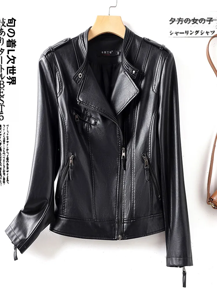  Ning Genuine Leather Jacket Women's Short Slimming Sheepskin Spring Autumn New Small Size Motorcycle Biker Jacket Coat