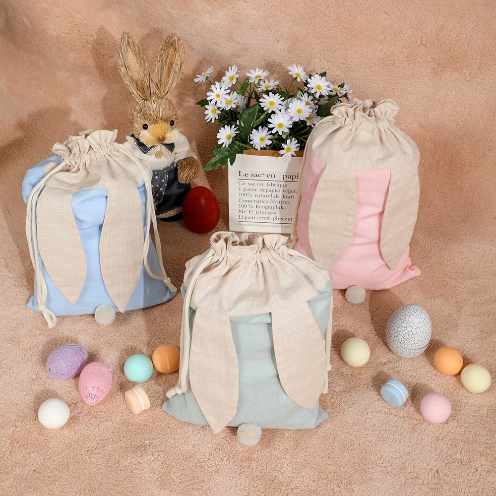 

Linen Easter Bag Jute Drawstring Gift Bag With Bunny Ear And Pom Pom Party Bag Candy Pouch Snack Sack For Kids Easter Party