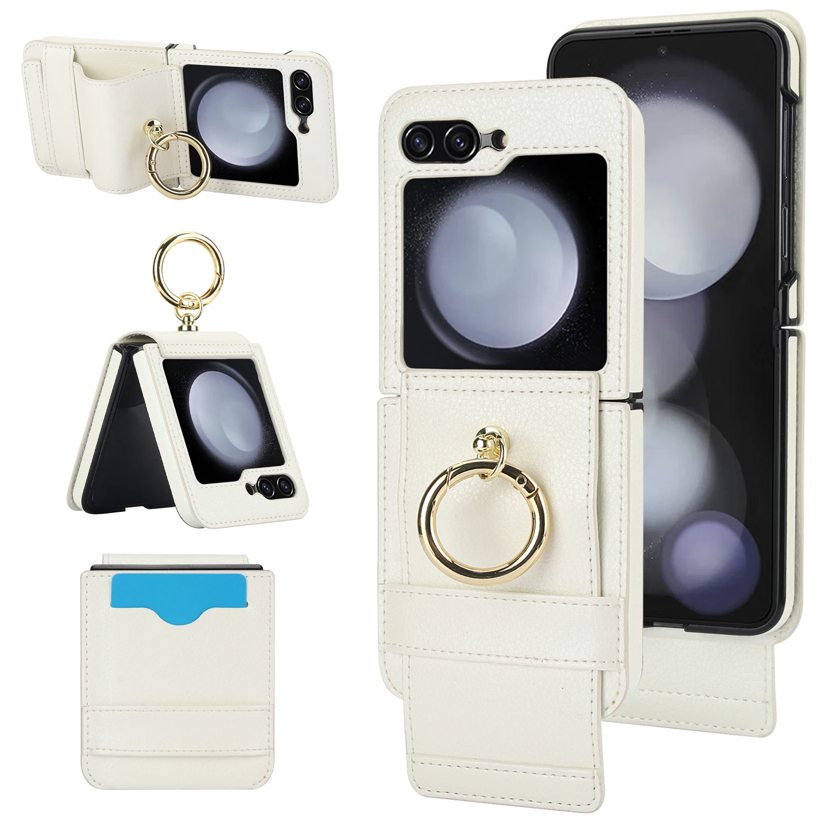 

Ring Phone Case for Samsung Galaxy Z Flip 5 4 3 Flip5 Flip4 Flip3 5G with Card Holder Purse Lanyard Leather Cover