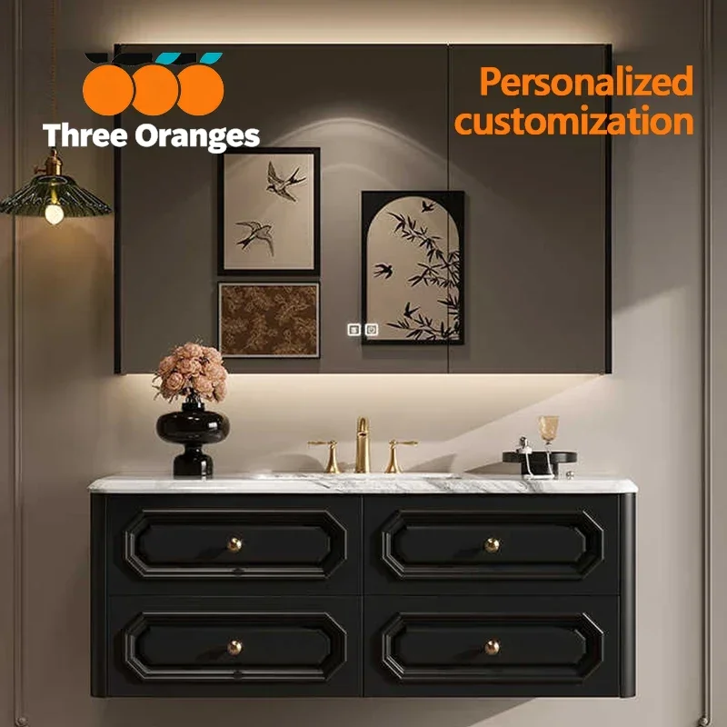 S178 French Retro Bathroom Cabinet Luxury Stone Integrated Ceramic Basin Bathroom Solid Wood Bathroom Wash Cabinet Combination