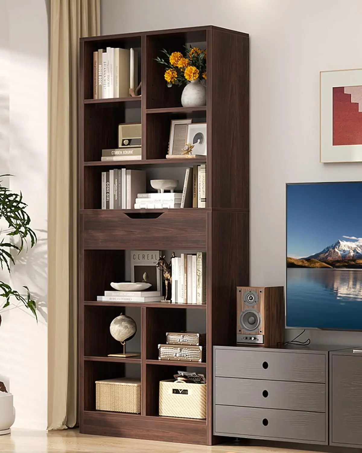 

8-ярусный книжный шкаф с выдвижным ящиком, высотой 73,6 дюйма, отдельно стоящая полка для гостиной, офиса, спальни, цвет черный орех