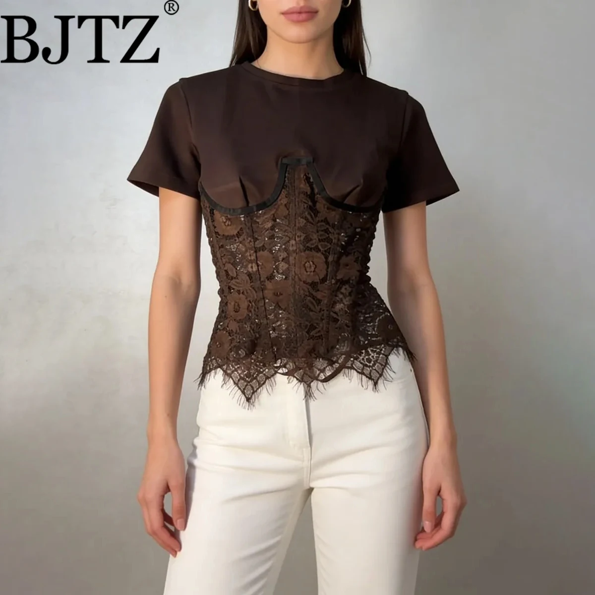 

BJTZ Women’s Lace Patchwork T-shirt Sheer Round Neck Short Sleeve Waist Cinching Top Summer New Arrival Unique Design Blouse