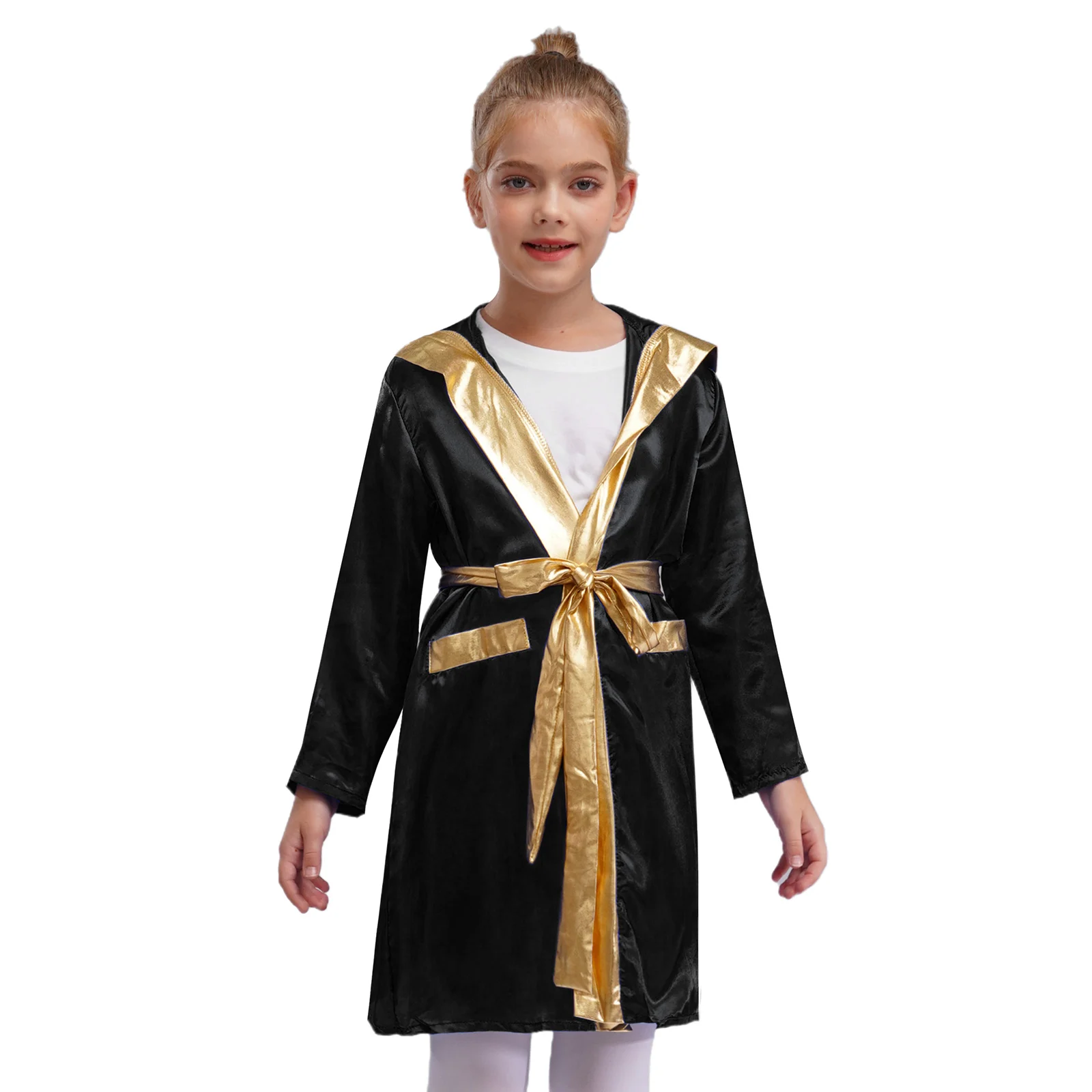 

Girls Boys Boxing Robe Cape Halloween Carnival Cosplay Costume Long Sleeve Open Front Metallic Trim Satin Hooded Cloak+Belt