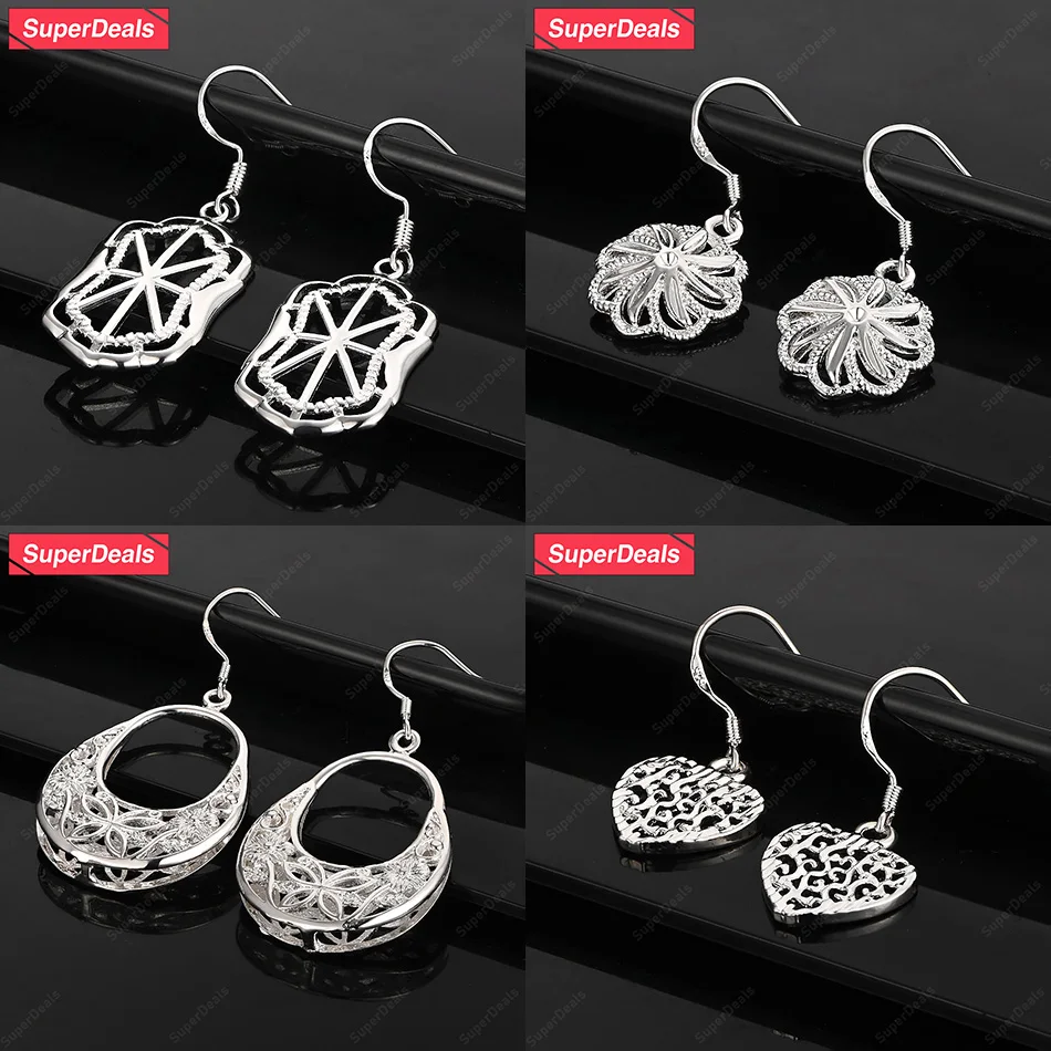 

SuperDeals 925 Sterling Silver Flower Love Heart Drop Earrings Women Sweet Cute Jewelry Charm Wedding Party Birthday Gift