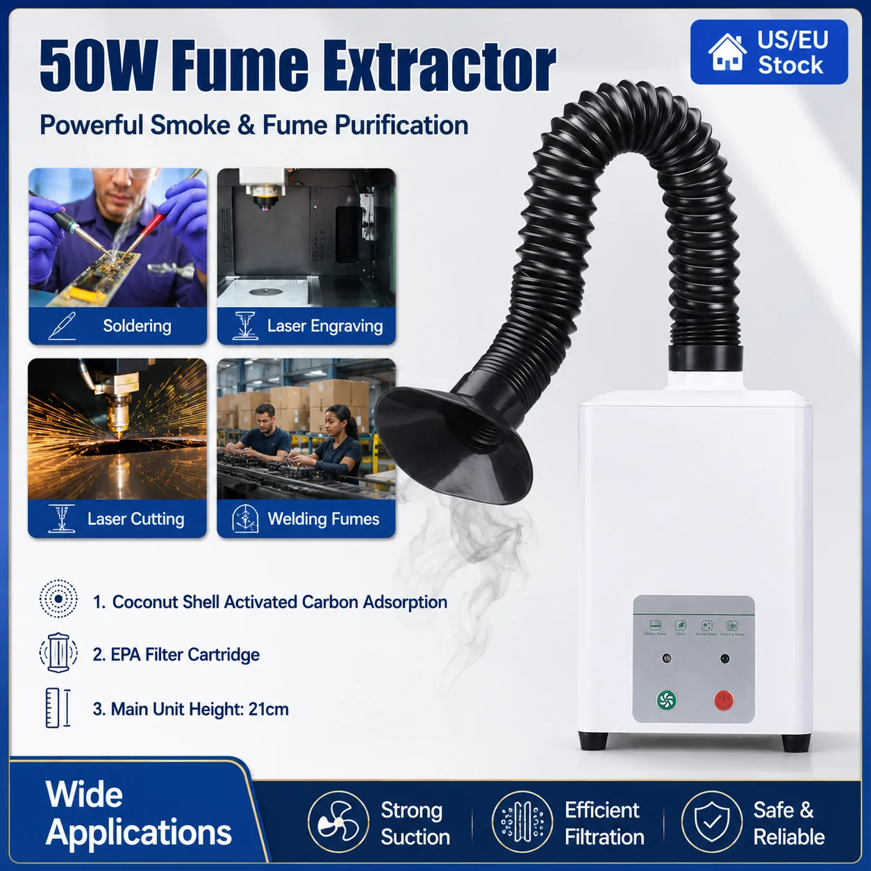 50W Portable Fume Extractor Smoke Purifier with EPA Filter Cartridge & Coconut Shell Activated Carbon for Soldering, Fiber Laser Marking, CO2 Laser Engraving & Welding