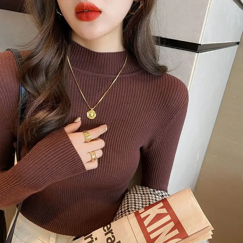 

Женская трикотажная рубашка с высоким воротником и длинными рукавами, однотонная облегающая рубашка базового слоя, модная осенне-зимняя новая стильная рубашка