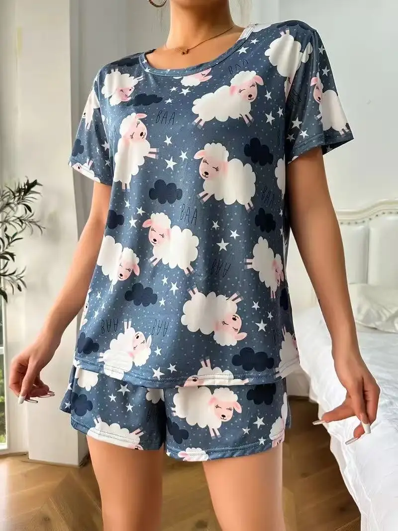 Women's Fashion Two-Piece Set - Lamb Print Short-Sleeved Round Neck T-Shirt + Lamb Print Shorts Two-Piece Set