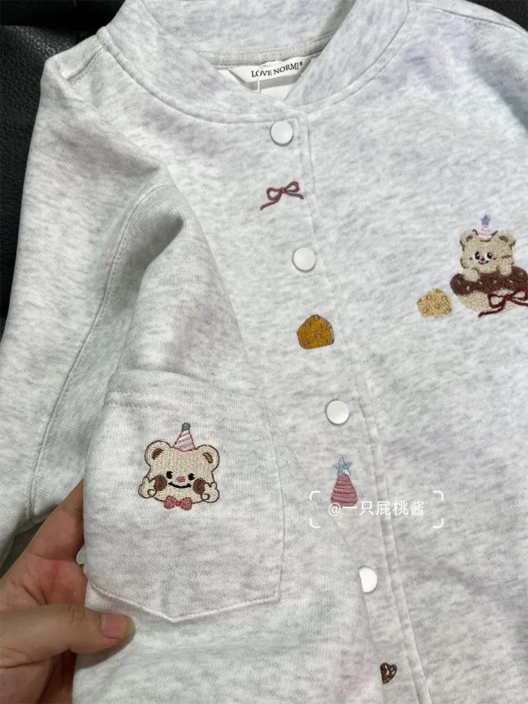 Y2K Korean Preppy Cartoon Bear Cute Embroidered Loose Baseball Jacket Hoodie Women Gray Long Sleever Sweatshirt Coat Sweet Girls