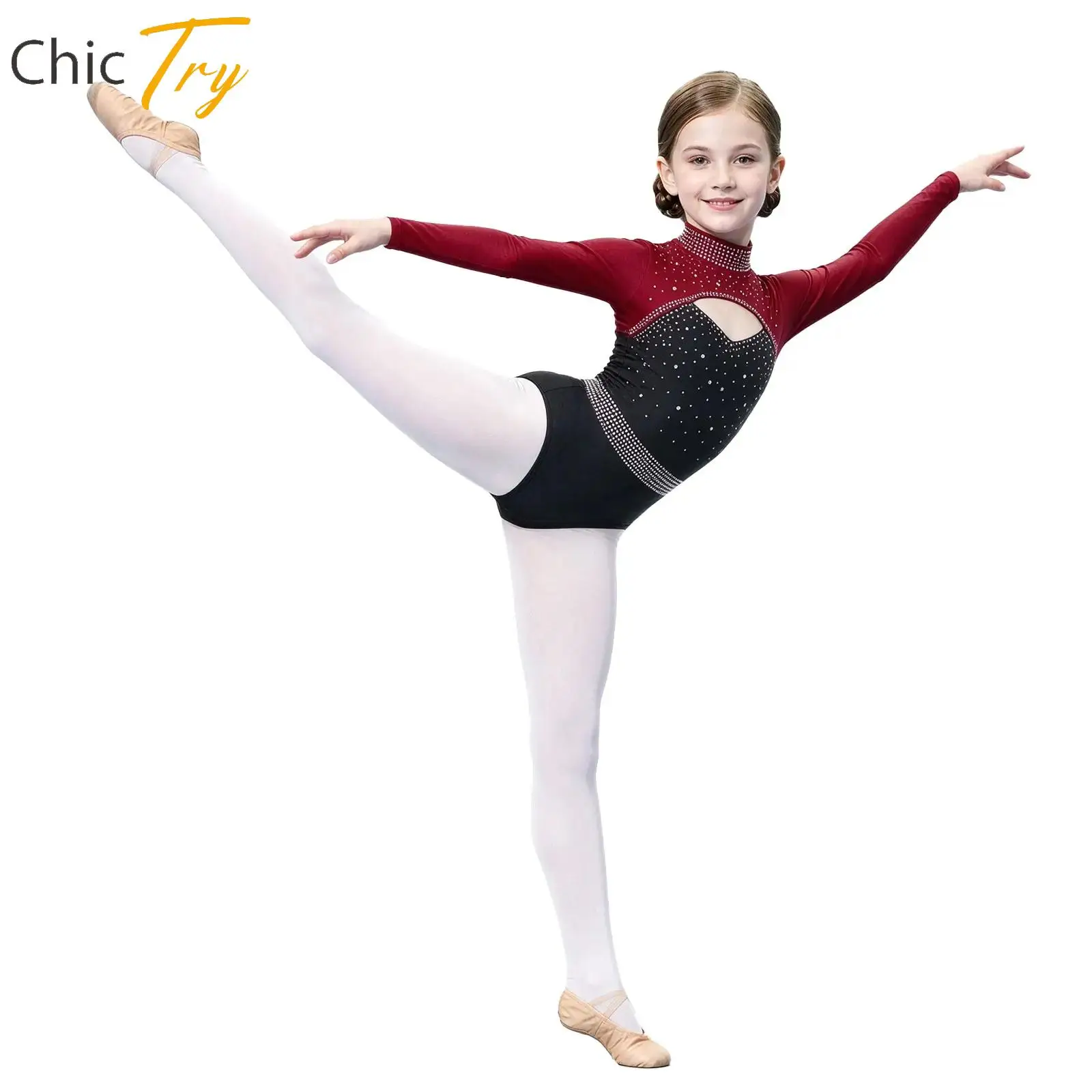 Girls Ballet Bodysuit Figure Skating Performance Costume Shiny Rhinestones Long Sleeve Sports Yoga Gymnastics Dance Leotard