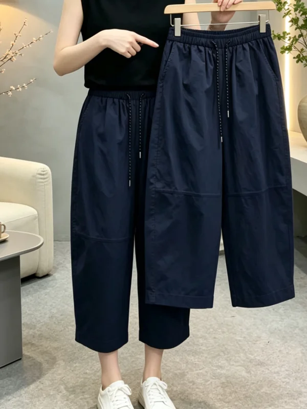 Summer Korean Style Casual Pants Women's Thin Wide Leg Balloon Pants Drawstring Nine Point Knife Pants Loose Fit Polyest...