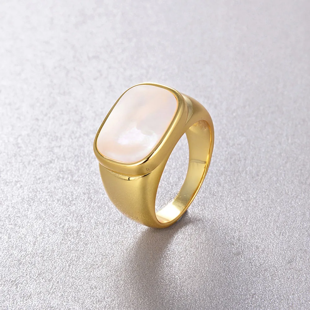 Aneis Bagues Luxury 925 Sterling Silver 18K Gold Plated Natural White Shell Black Agate Stone Square Ring For Women Fine Jewelry