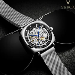 SKROX Original Square Elegant Steel Skeleton Automatic Movement Men's Watch Mechanical Wrist Watches Mesh Strap Luxury Clockwork