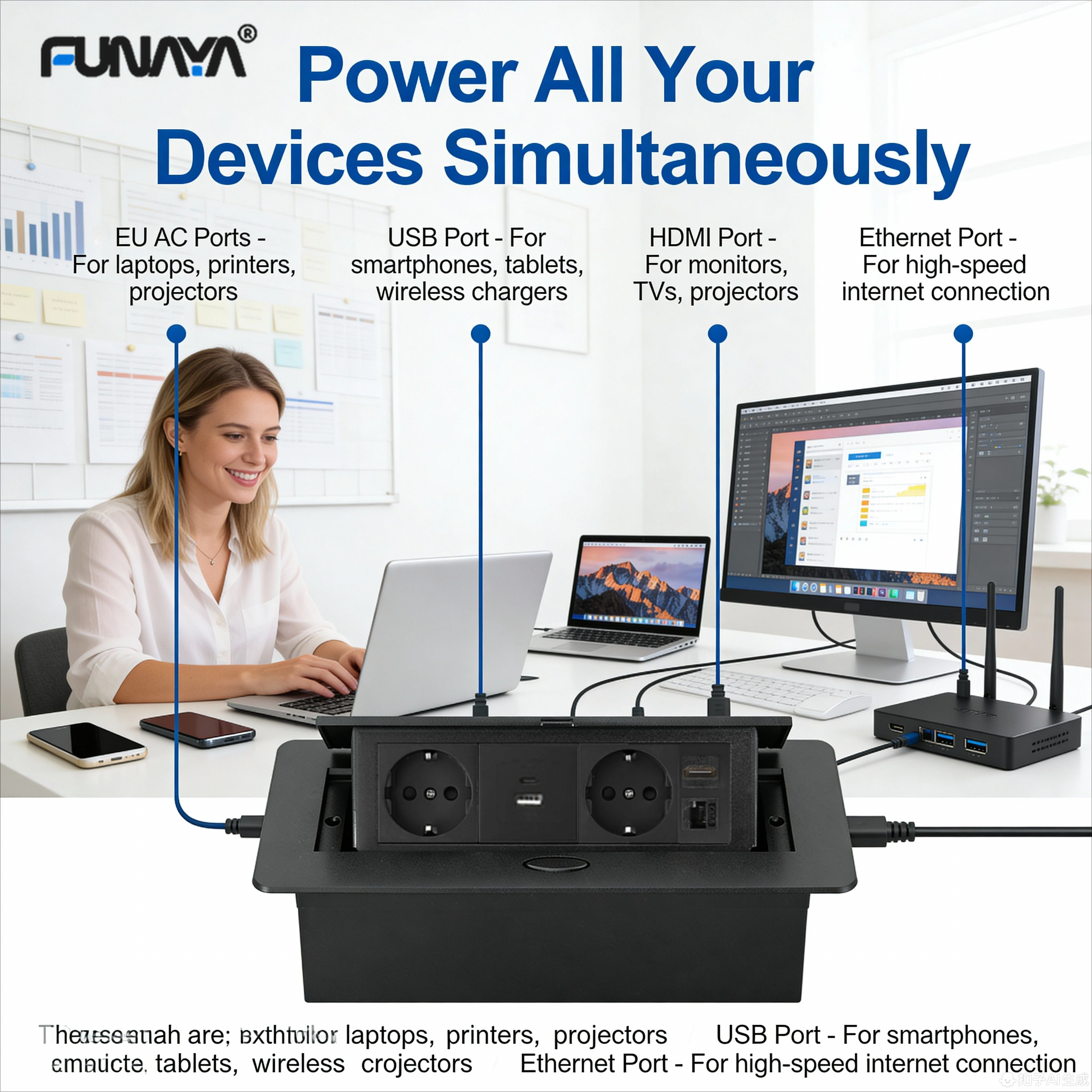 FUNAYA15A EU KR Pop Up Desktop Socket Built-in Table Outlet with USB Type C HDMI Ethernet Countertop Power Recessed Sockets