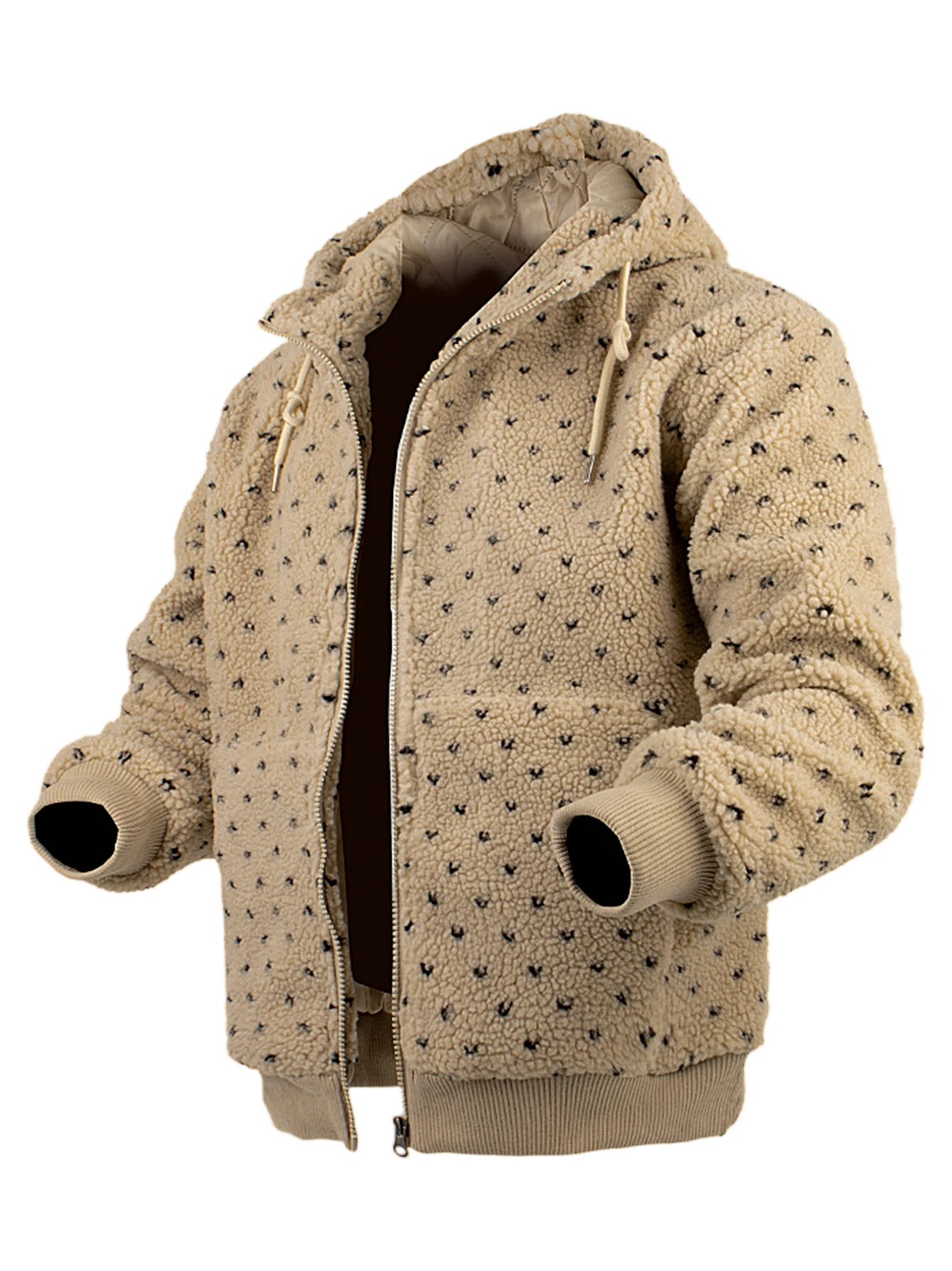 

Women's Fashion Polka Dot Sherpa Fleece Hoodie Jacket with Zipper Design and Drawstring Warm Fleece Coat