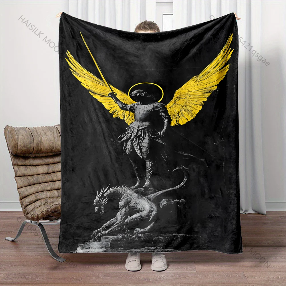 1PC Angel warrior with dragon statue print blanket Prayer blankets for believers suitable for home sofa camping travel car