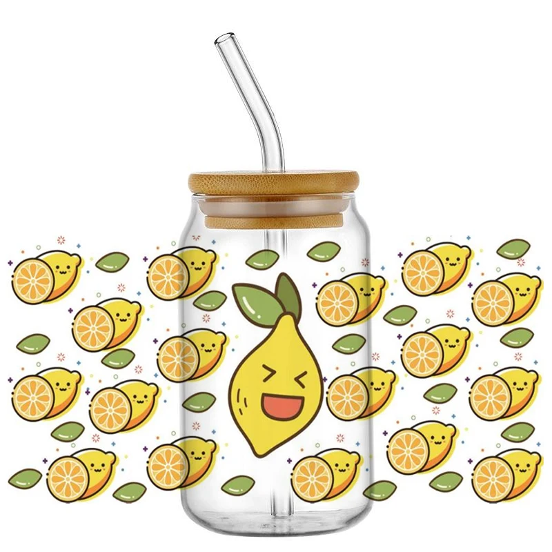 Cartoon Fruit Decal UV DTF Cup Wrap for 16oz Libbey Glasses Can DIY Lemon Design Waterproof Transfer Sticker