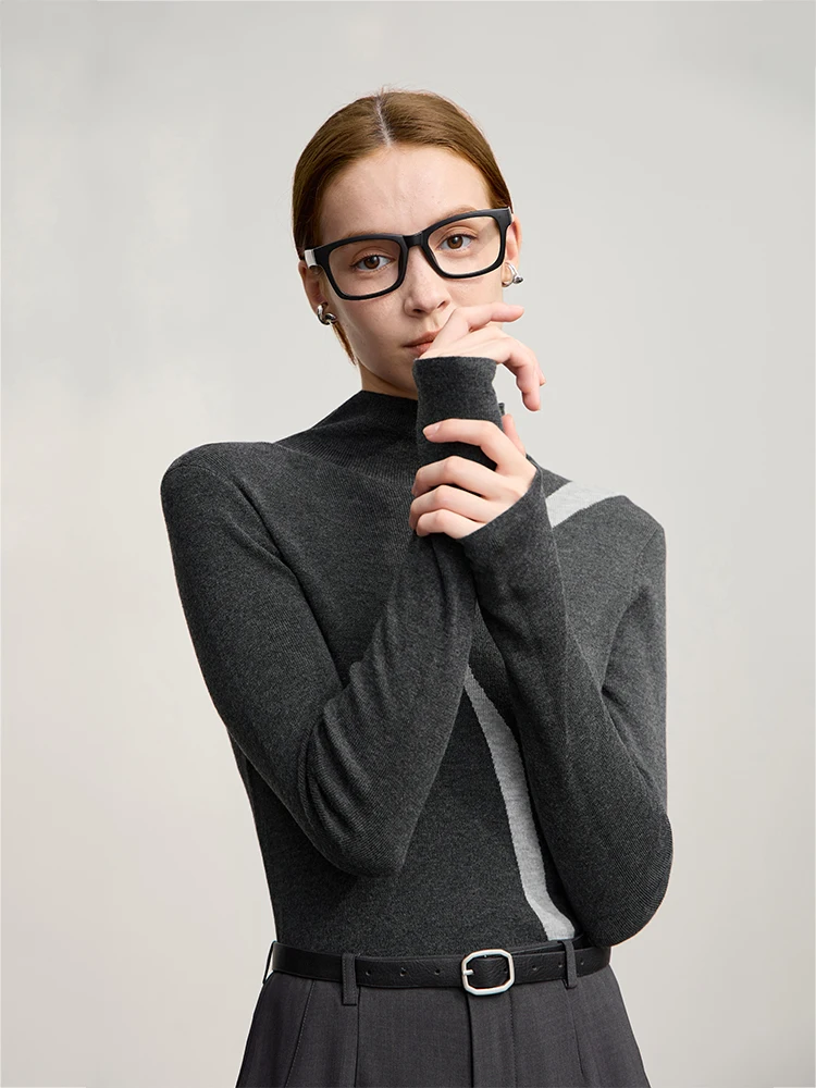 

AMII Women's Sweater 2025 Winter New Minimalist Mock Neck Sweater For Woman Patchwork Pullover Long Sleeve Knitted Tops 12524098