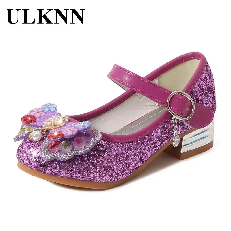 

Girl's High Heels 2024 New Four Seasons Children Shoes Princess Sequins Shoes Students Dance Shows Time Purple Birthday Gift