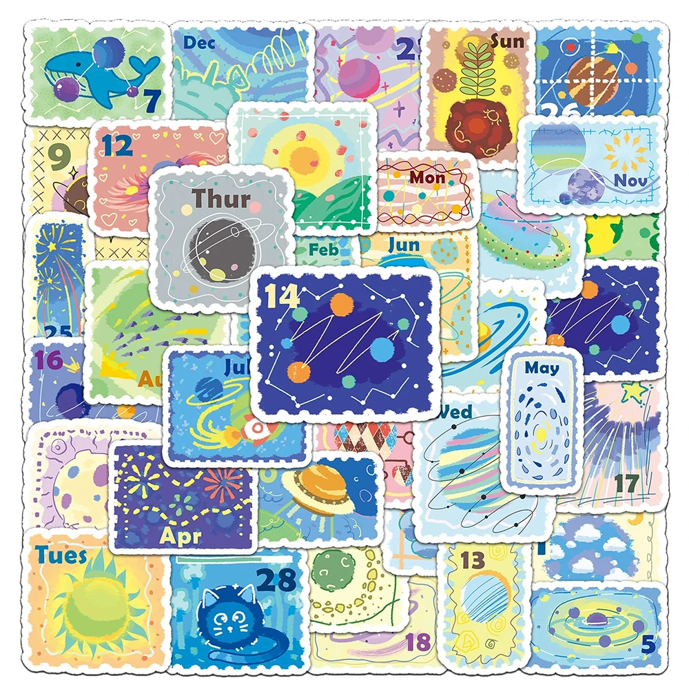 10/30/50pcs Cute Stamp Style Calendar Cartoon Stickers Kawaii Planet Journal Sticker Wall Water Bottle Phone Car Graffiti Decals