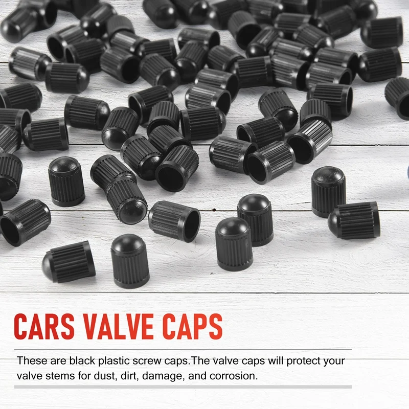 Set of 100 - Black Plastic Replacement Valve Caps. Cars, Trucks, Motorcycles, ATV. Schrader Tire Caps.