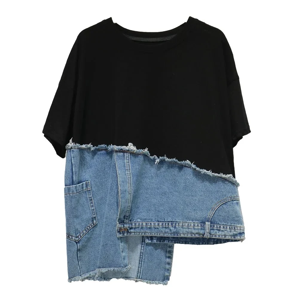 Trendy Denim Sweatshirt Two-Piece Illusion Top European Style Crew Neck For Autumn Fashionable And Unique Top