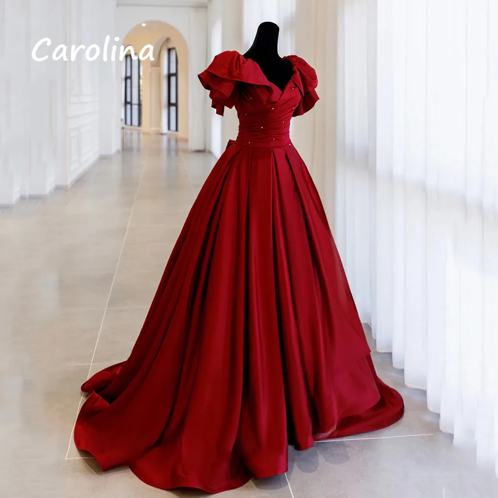 Carolina Wine Red Evening Dresses V-Neck Princess Corset Pearls Puff Sleeves Satin A-line Long Prom Ceremony Formal Gowns Custom