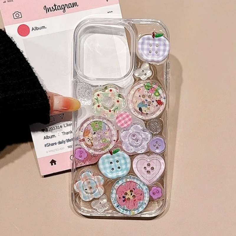 

Korean Cute Stylish Epoxy 3D Flower Button Lattice Phone Case For IPhone 17 16 15 14 13 Pro Max Lovely Clear Glitter Back Cover