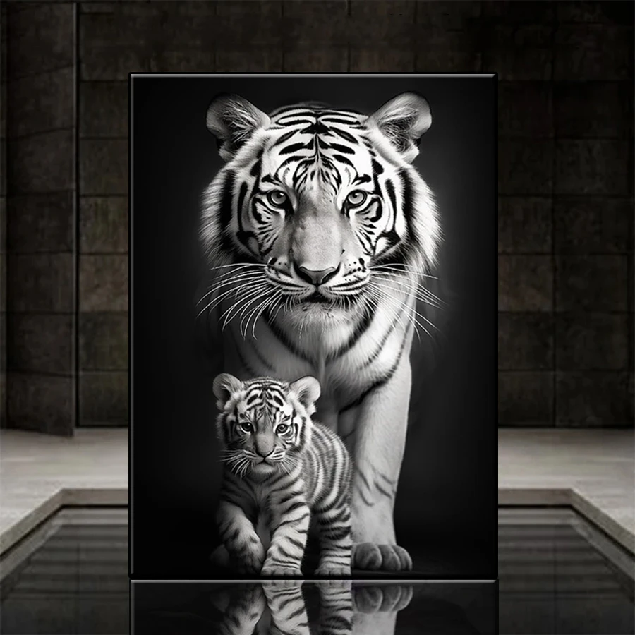 5D DIY Diamond Painting Black and White Animal Art Tigers And  Baby cub Cross Stitch Diy Diamond Embroidery picture Mosaic Art