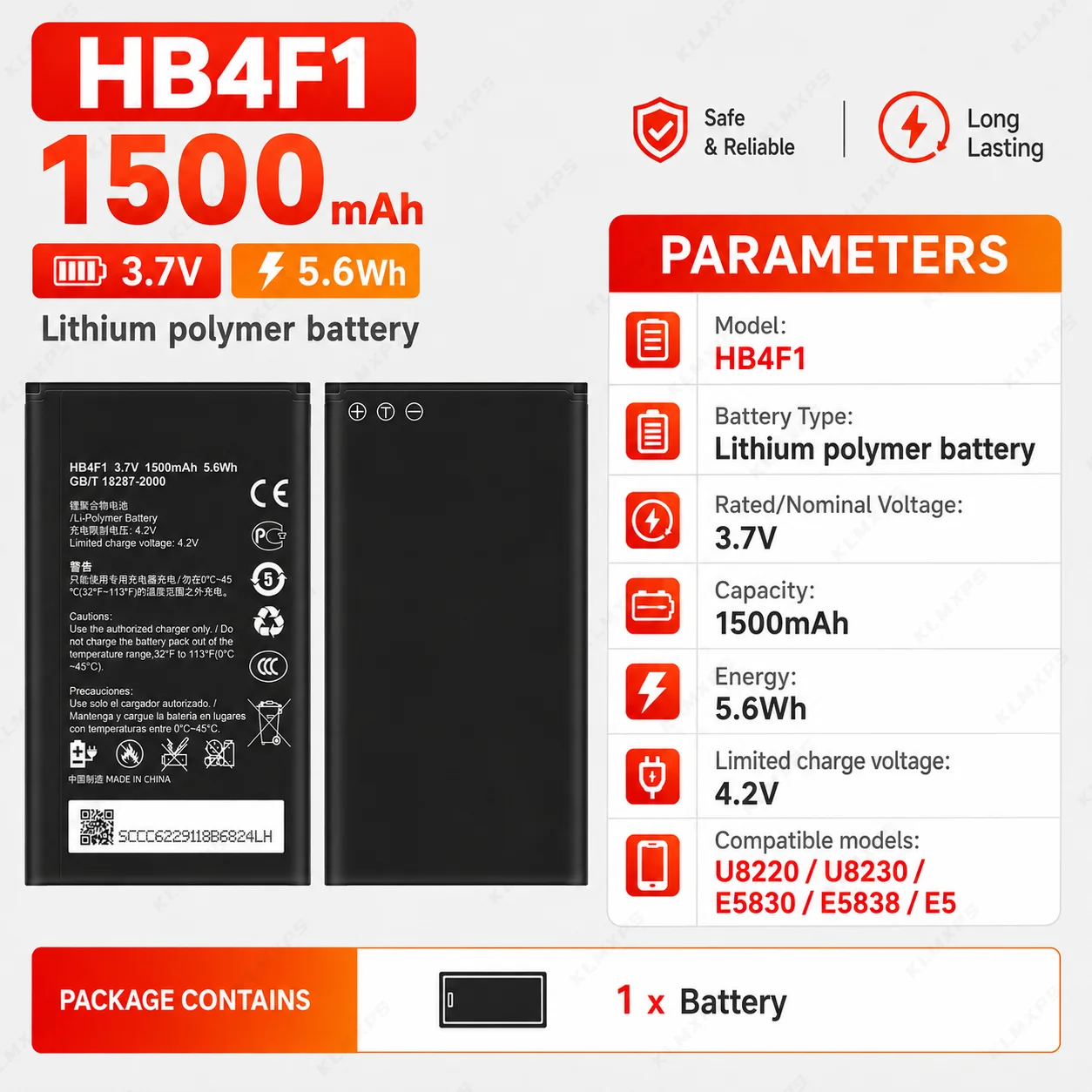 Replacement HB4F1 Battery for Huawei U8220 U8230 E5830 E5838 E5 C8600 E585 U8800 C8800 U8520 T-Mobile Pulse Ascend M860