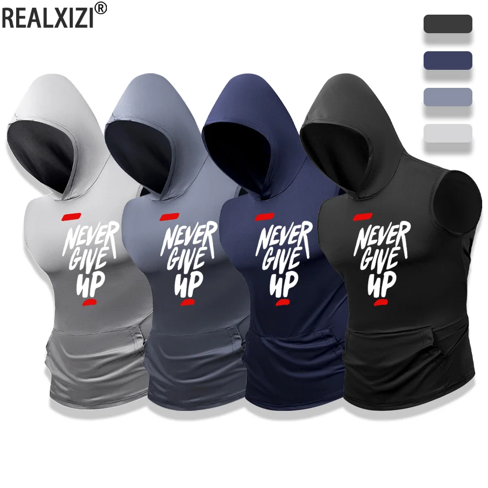 

Летняя мужская спортивная майка с капюшоном, однотонный быстросохнущий жилет без рукавов с принтом, пуловер для бодибилдинга, бега, тренировок, жилет