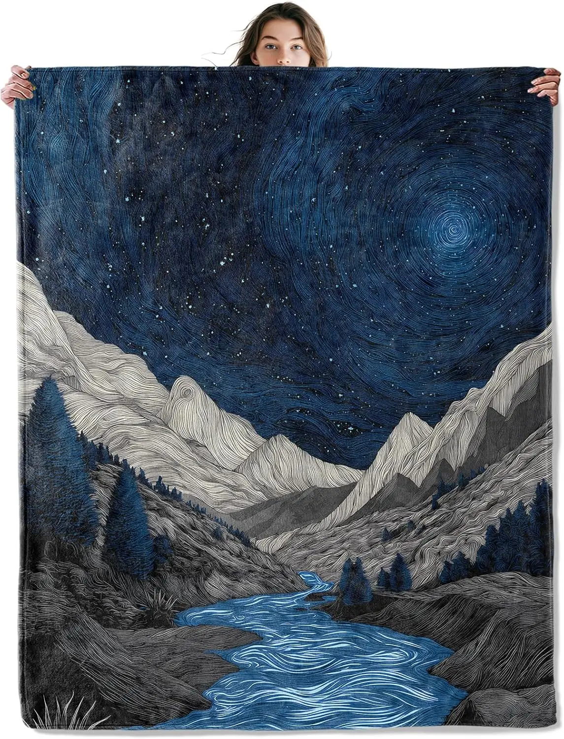 Van Gogh Style Swirl Star Night Mountain Valley River Flannel Throw Blanket, Warm Cozy Blanket, Aesthetic Decor Gift For Bedroom