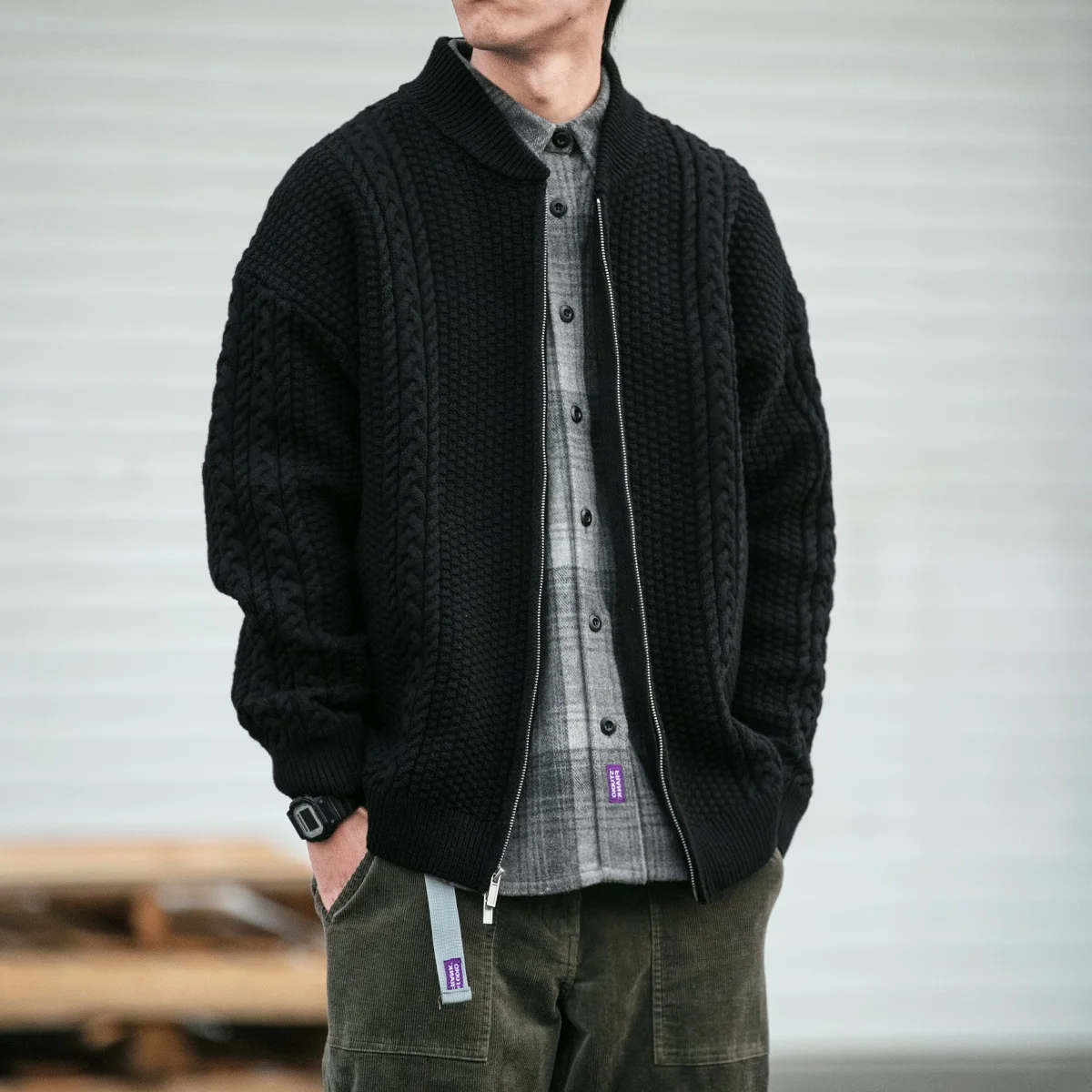

Double Zipper Knitted Cardigan Men's Vintage Twist Flower Baseball Collar Casual Sweater Jacket Autumn Leisure Polyester Fiber