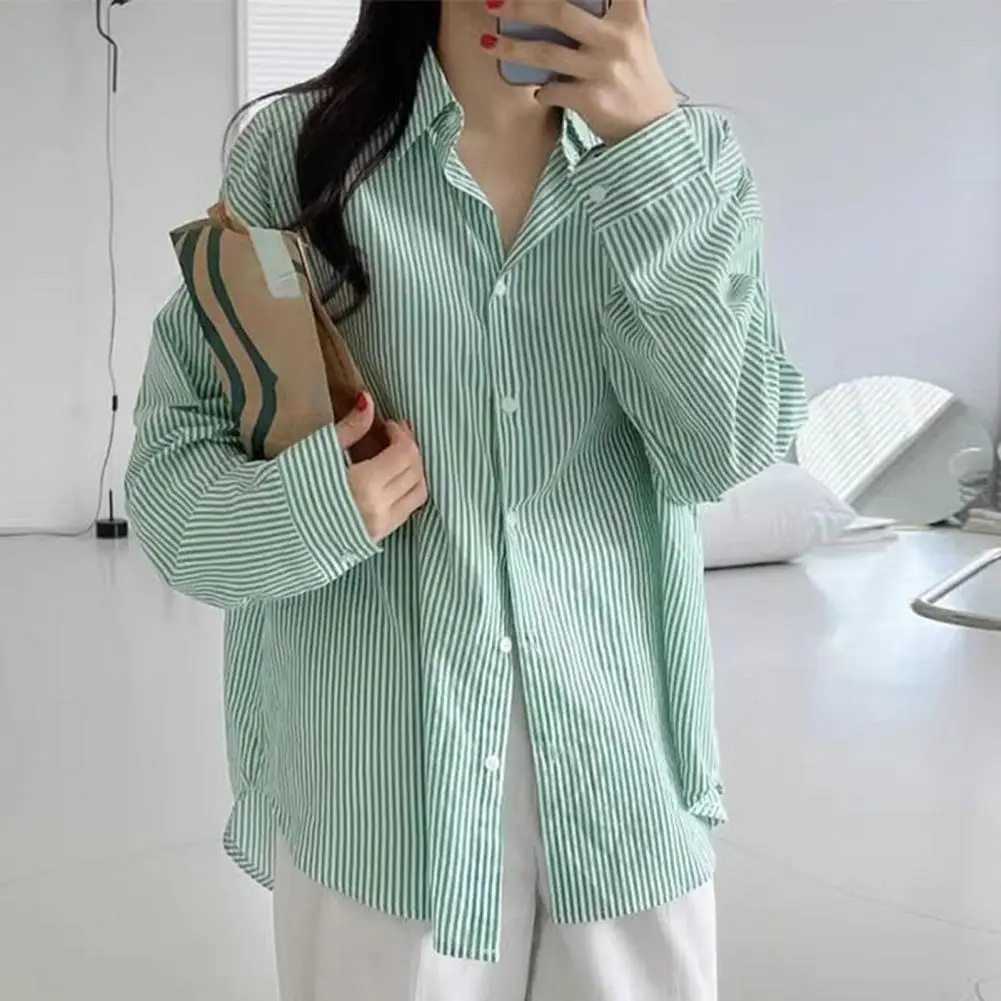 Top de manga comprida feminino, camisa solta, lapela, estampa listrada, material elástico macio para trabalho ou streetwear