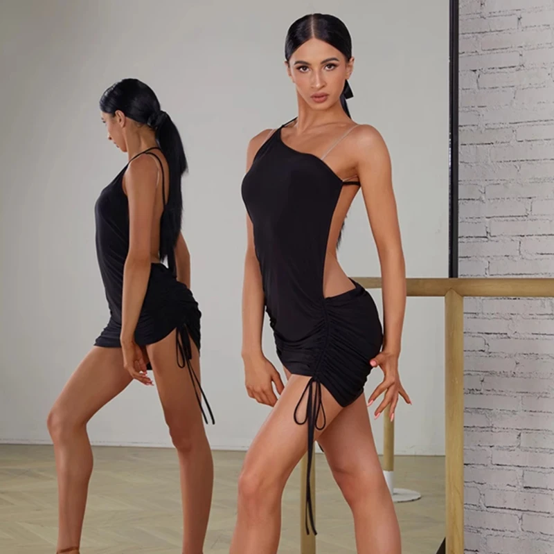 

Sexy Backless Drawstring Party Dresses Women Irregular Oblique Shoulder Latin Dance Dress Adults Stage Performance Wear SL9829