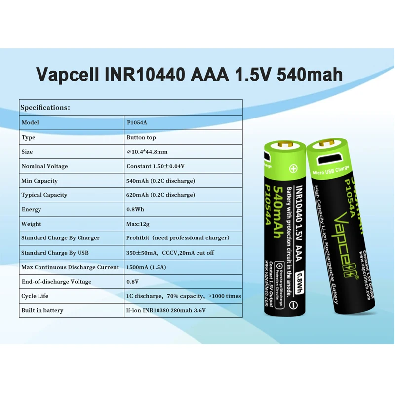 بطارية USB أصلية Vapcell P1054A 10440 540mah 1.5V AAA مع منفذ USB صغير بطاريات قابلة للشحن سطح مسطح