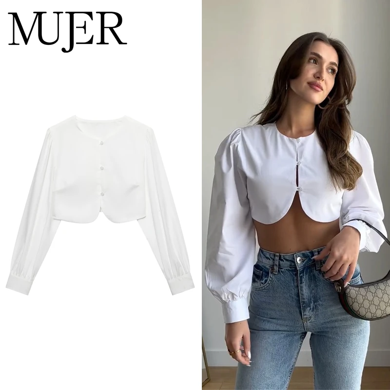 

MUJER White Crop Women's Shirt Fashion Button up Shirts and Blouses for Women Balloon Sleeve Tops Woman Streetwear Woman Shirts